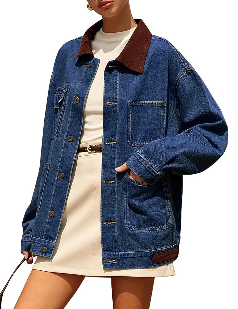 Denim Jacket for Women Contrast Collar Oversized Jean Jacket Women Long Sleeve Button down Barn j... | Amazon (US)