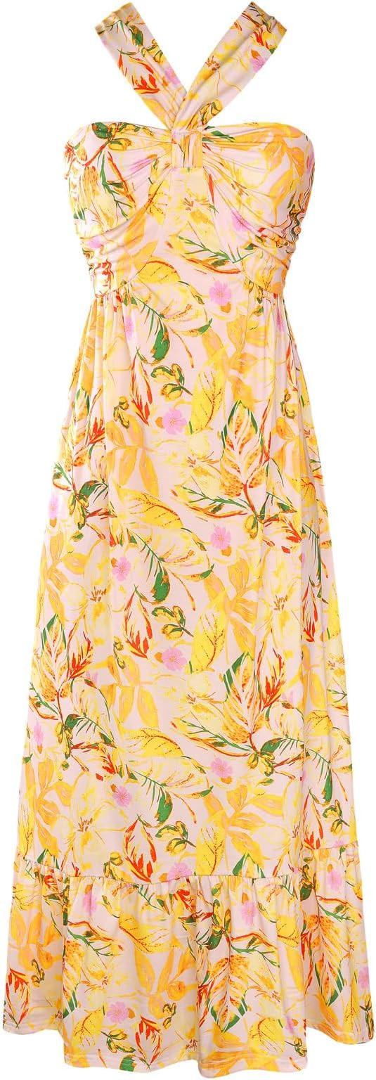 GRACE KARIN Womens Summer Floral Dresses 2026 Boho Maxi Dress Flowy Halter Sundress Casual Vacati... | Amazon (US)