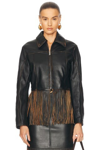 Blumarine Fringe Leather Jacket in Black - Black. Size 42 (also in ). | FWRD 