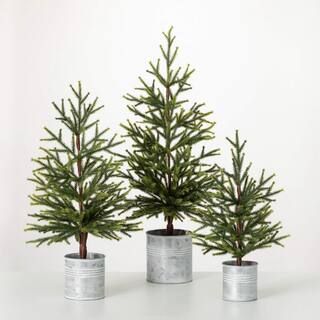 30 in. 24.5 in. and 18.75 in. Pine Tree In Metal Pots - Set of 3, Green | The Home Depot