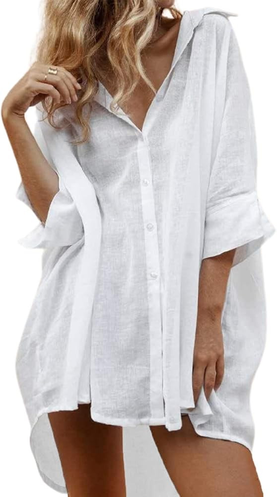 CHARTOU Women's Lightweight Loose Fit Half Sleeve Hi-Low Cotton Linen Shirt Blouse Tops | Amazon (US)