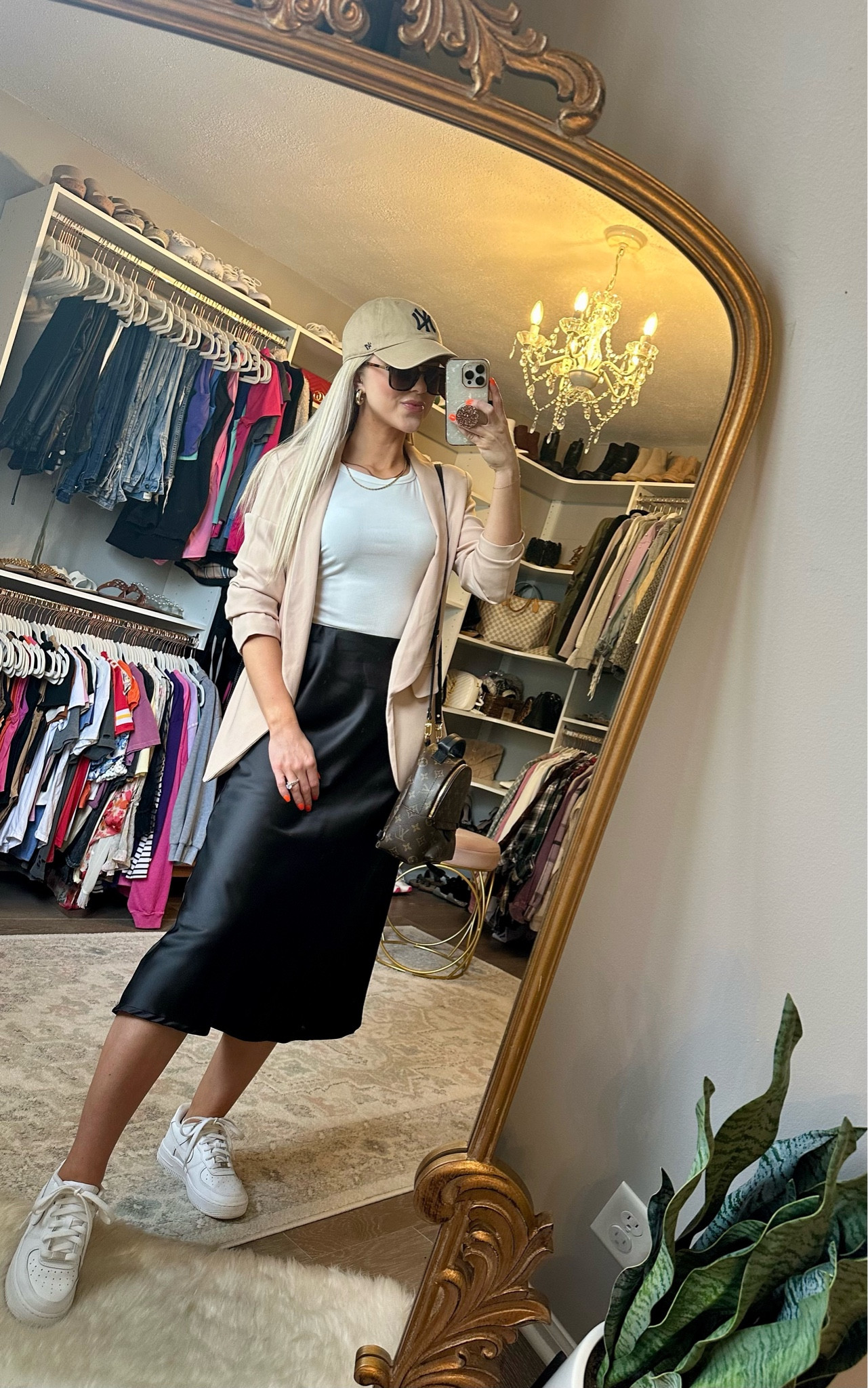 Neutral spring outfit // Elevated basics // Classic fashion // Timeless style // Satin skirt outfit // Blazer street style // Brunch outfit inspo // Nike Air Force Ones outfit // DhGate designer d*pe bags 

#LTKSeasonal #LTKshoecrush #LTKfindsunder100