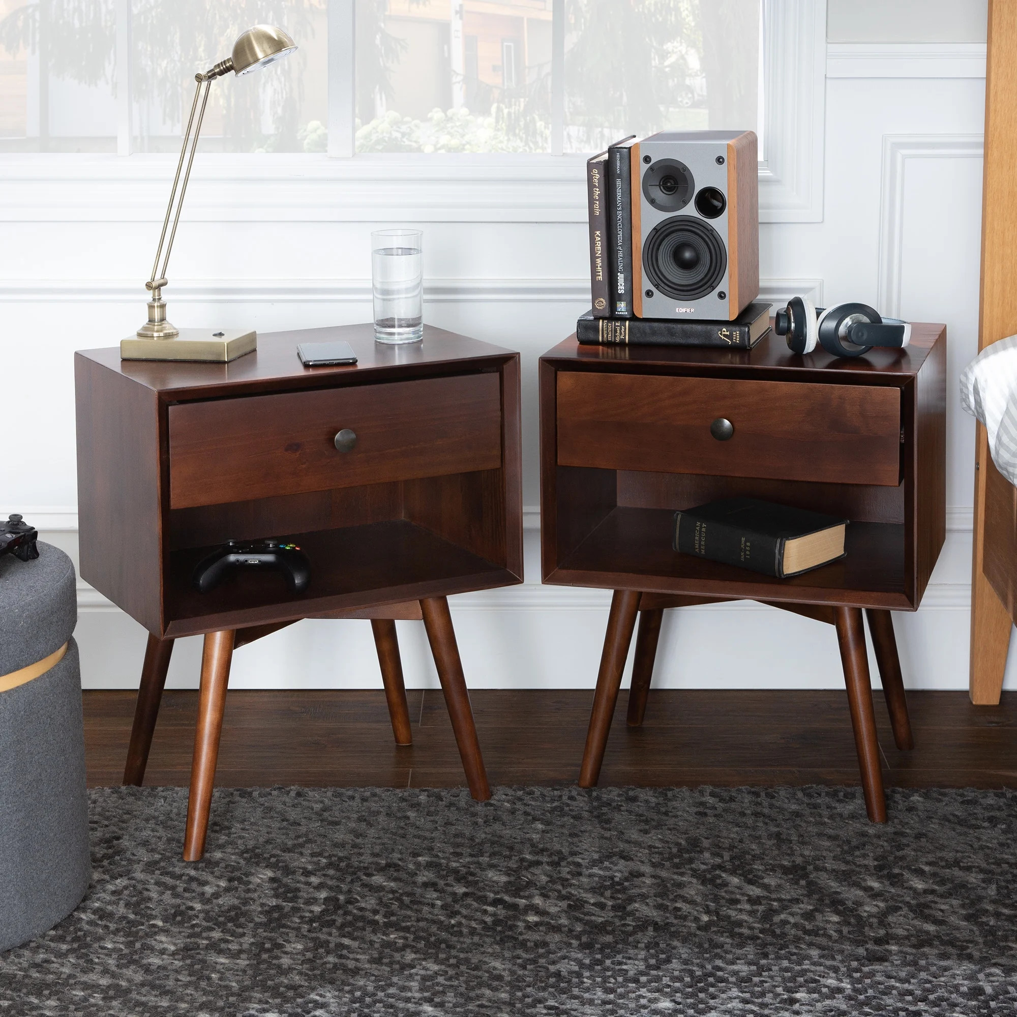 Manor Park Mid-Century Walnut Solid Wood Nightstands, Set of 2 - Walmart.com | Walmart (US)