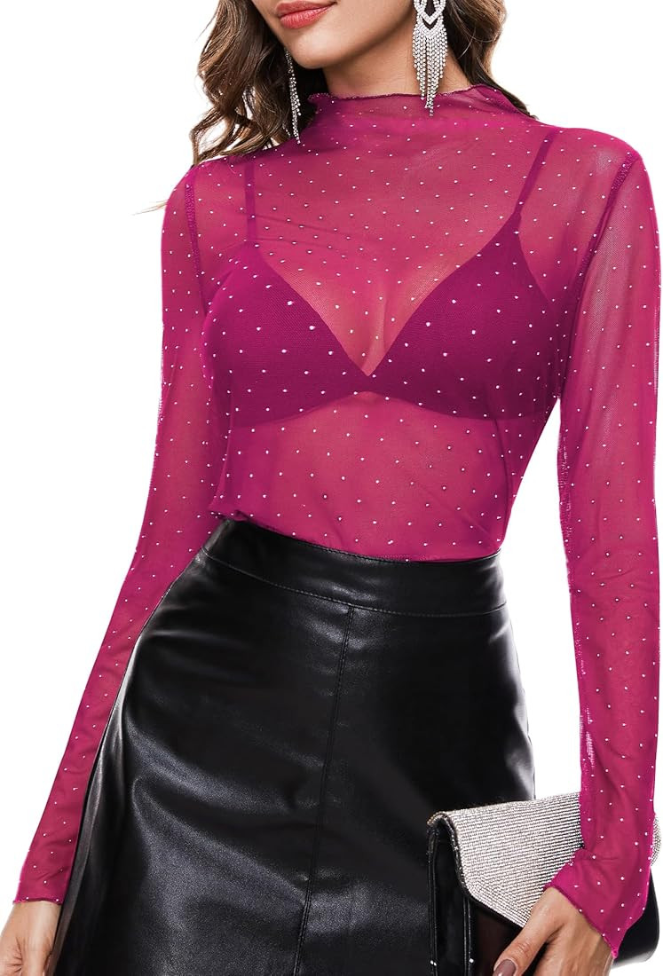 BBX Lephsnt Womens Sheer Mesh Layering Top Sparkle Long Sleeve Shirts Mock Neck See Through Tee S... | Amazon (US)