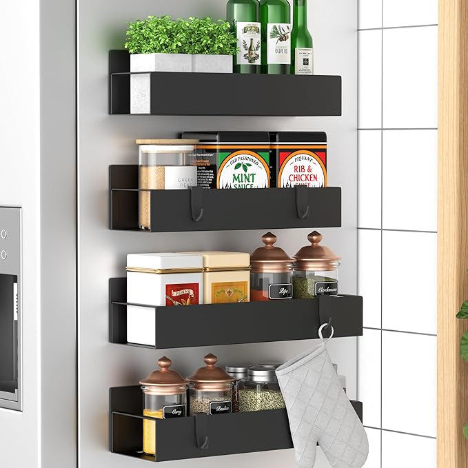 HuggieGems Metal Magnetic Spice Rack for Refrigerator Black, 4 Pack | Amazon (US)