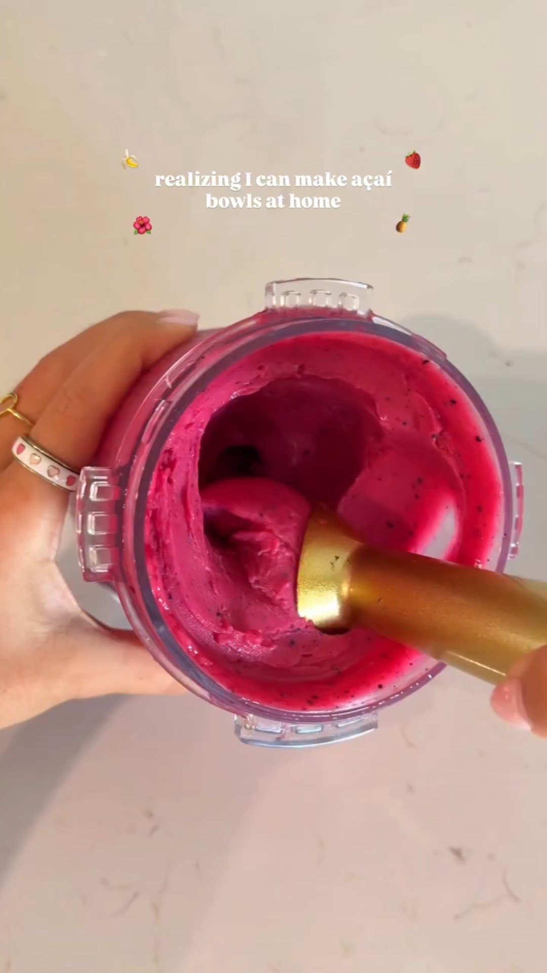 the best pink pitaya 🌺 
RECIPE 🍍🍍
for 1 @ninjakitchen creami pint 

1. blend 1/2 cup frozen dragonfruit with 1/3 cup each of strawberries, mango pineapple, a handful of blueberries & a splash of milk. if using a standard blender skip to step 4!
2. freeze overnight 
3. use the lite ice cream setting and then re-spin 
4. top with granola, blueberries, strawberries, banana, pb & honey