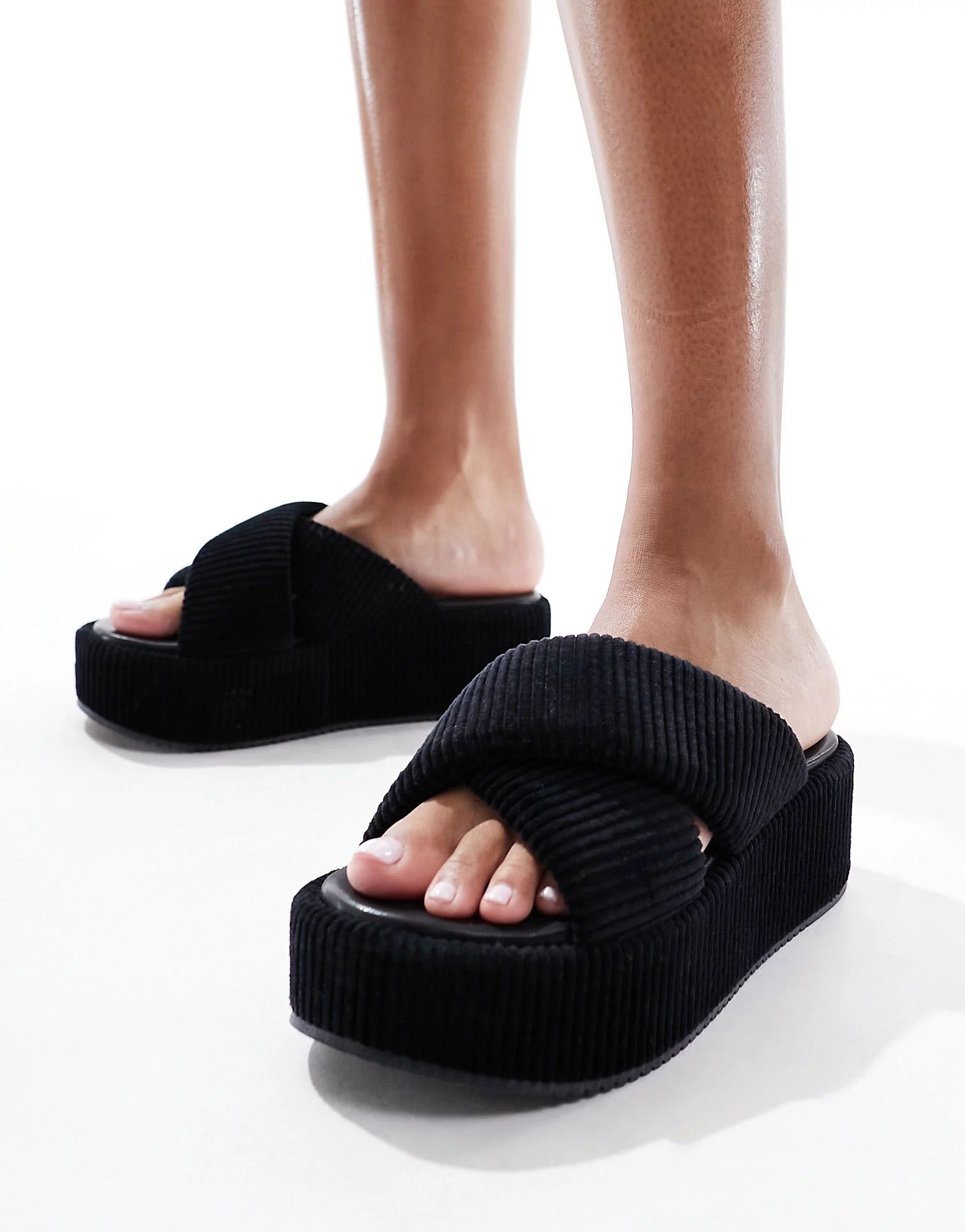 ASOS DESIGN Thunder padded cross strap flatform sandals in black | ASOS (Global)