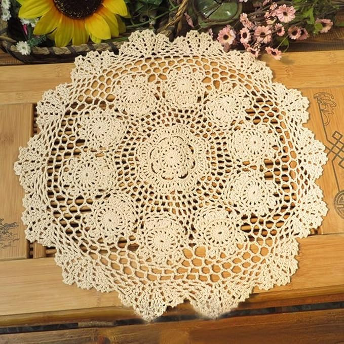 Damanni Beige Cotton Handmade Crochet Lace Tablecloth Doilies Table Overlay,Round,16 Inch,2PCS | Amazon (US)