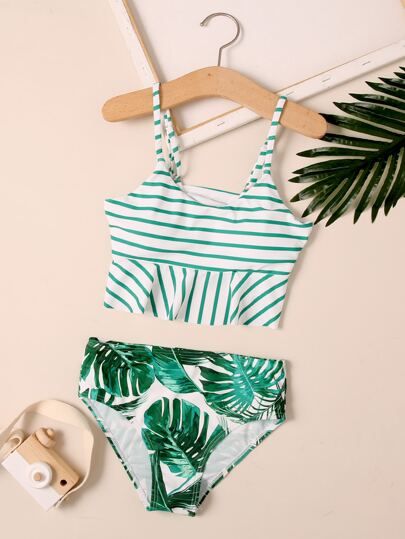 Girls Striped & Tropical Ruffle Hem Bikini Swimsuit | SHEIN