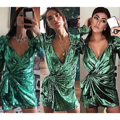 Attico Consuelo Mini Dress Green Sequin V-Neck Wrap Long Sleeve Sz 38 IT / XS | eBay | eBay CH