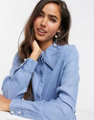 Vero Moda denim shirt with oversized collar and pearl buttons in blue | ASOS (Global)