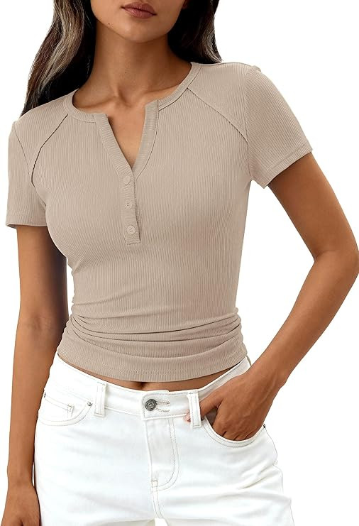 PRETTYGARDEN Womens Summer Short Sleeve Tops 2026 Spring Casual V Neck Henley Button Up T Shirts ... | Amazon (US)