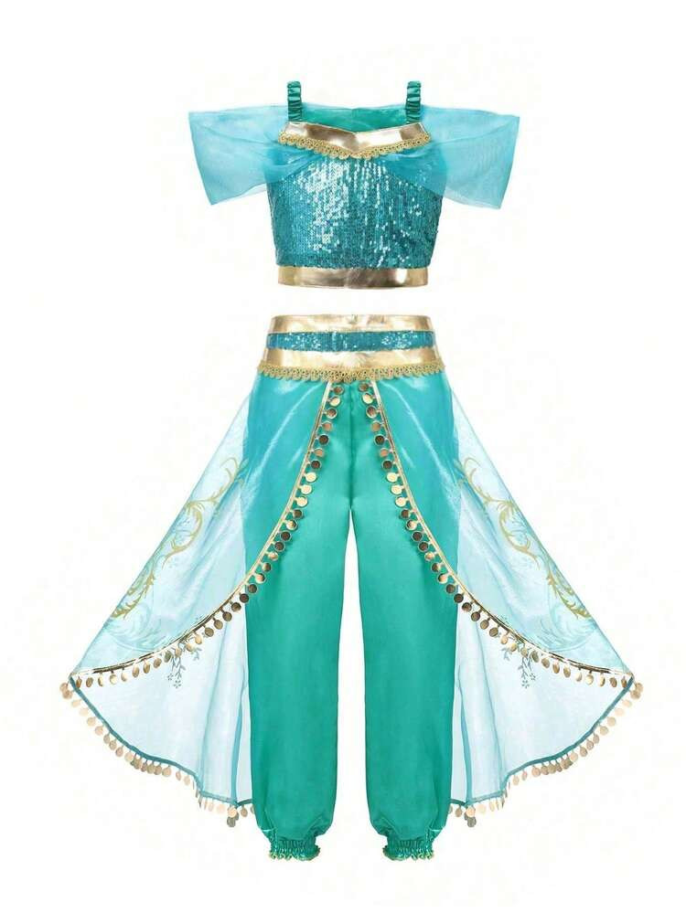 1pc Young Girls Spaghetti Strap Sparkly Cropped Top And Sequin Pants Two Pieces Outfit Set, Off Shoulder Top + Sequin Decorated Trousers, Desert Middle East Princess Style Costume, Summer Thin New Collection, Suitable For Outing, Hangout, Birthday Party, Princess Party, Stage Performance And Other Major Events | SHEIN