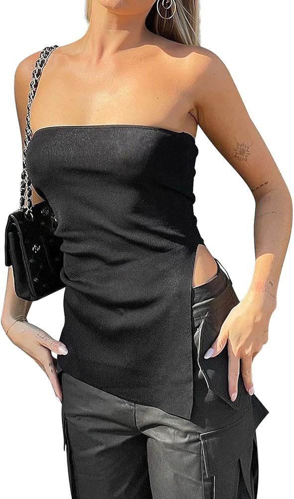 Women's Sexy Tube Top Strapless Sleeveless Slit Side Ribbed Knit Going Out Tops Irregular Hem Y2k... | Amazon (US)