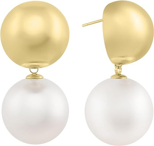 gold pearl earrings 14k pearl earrings big gold earring with pearl bling pearl earrings for women... | Amazon (US)