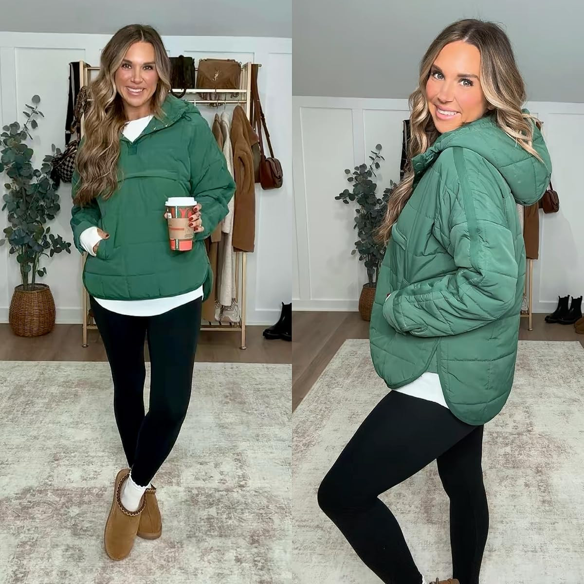 Cozy up this winter with this puffer jacket and the softest leggings! I love the oversized fit and the soft fleece lining. Perfect for chilly days! I am 5’6 139lbs wearing size small leggings, small white long sleeve top & medium green pullover puffer jacket  

 #LTKootd #LTKSeasonal #LTKFindsUnder50