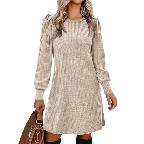 Fall Dresses for Women 2024 Flowy Swing Mini Dresses Fall Dress Square Neck Babydoll Sweater Dress Knee Length Fall Winter Dress with Pockets Fall Dress Plus Size Beige L | Amazon (US)