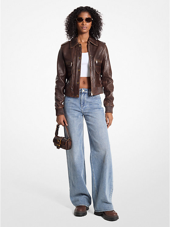Burnished Leather Blouson Sleeve Jacket | Michael Kors CA