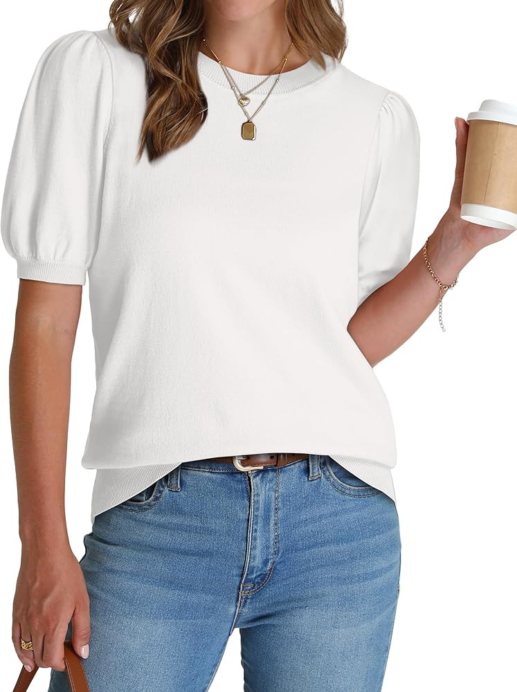 WIHOLL Women's Puff Short Sleeve Sweater 2025 Spring Summer Tops Trendy Business Casual Outfits W... | Amazon (US)