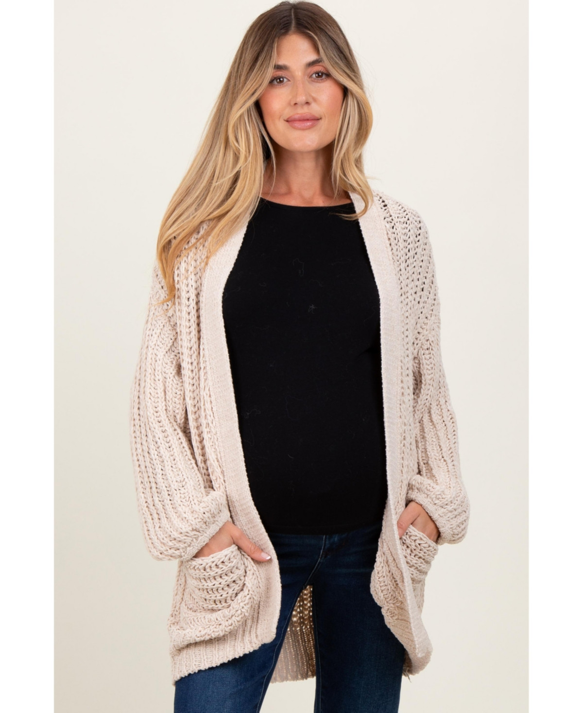 Pinkblush Maternity Beige Chunky Knit Oversized Pocket Cardigan - Beige | Macy's