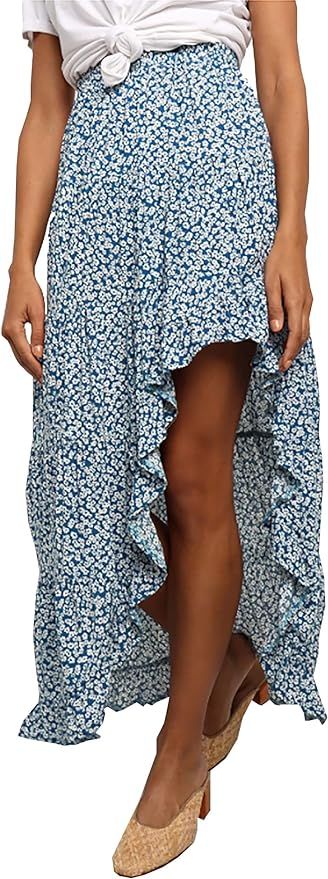 BTFBM Women Boho Floral Print Long Skirt Chic High Low Side Split Ruffle Hem Elastic Waist Swing ... | Amazon (US)