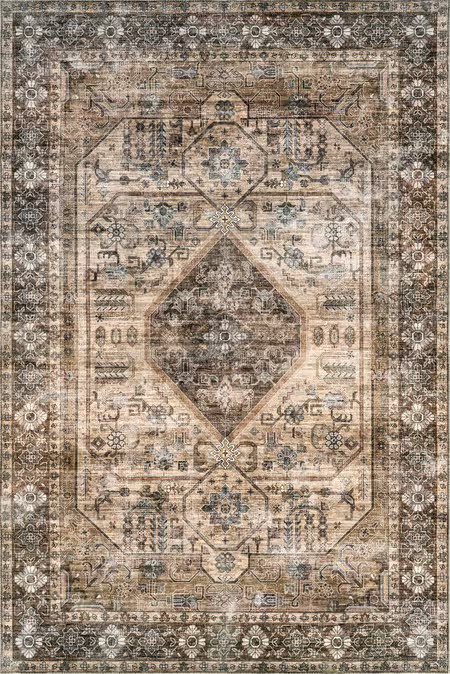 Light Brown Zella Washable Vintage 6' x 9' Area Rug | Rugs USA