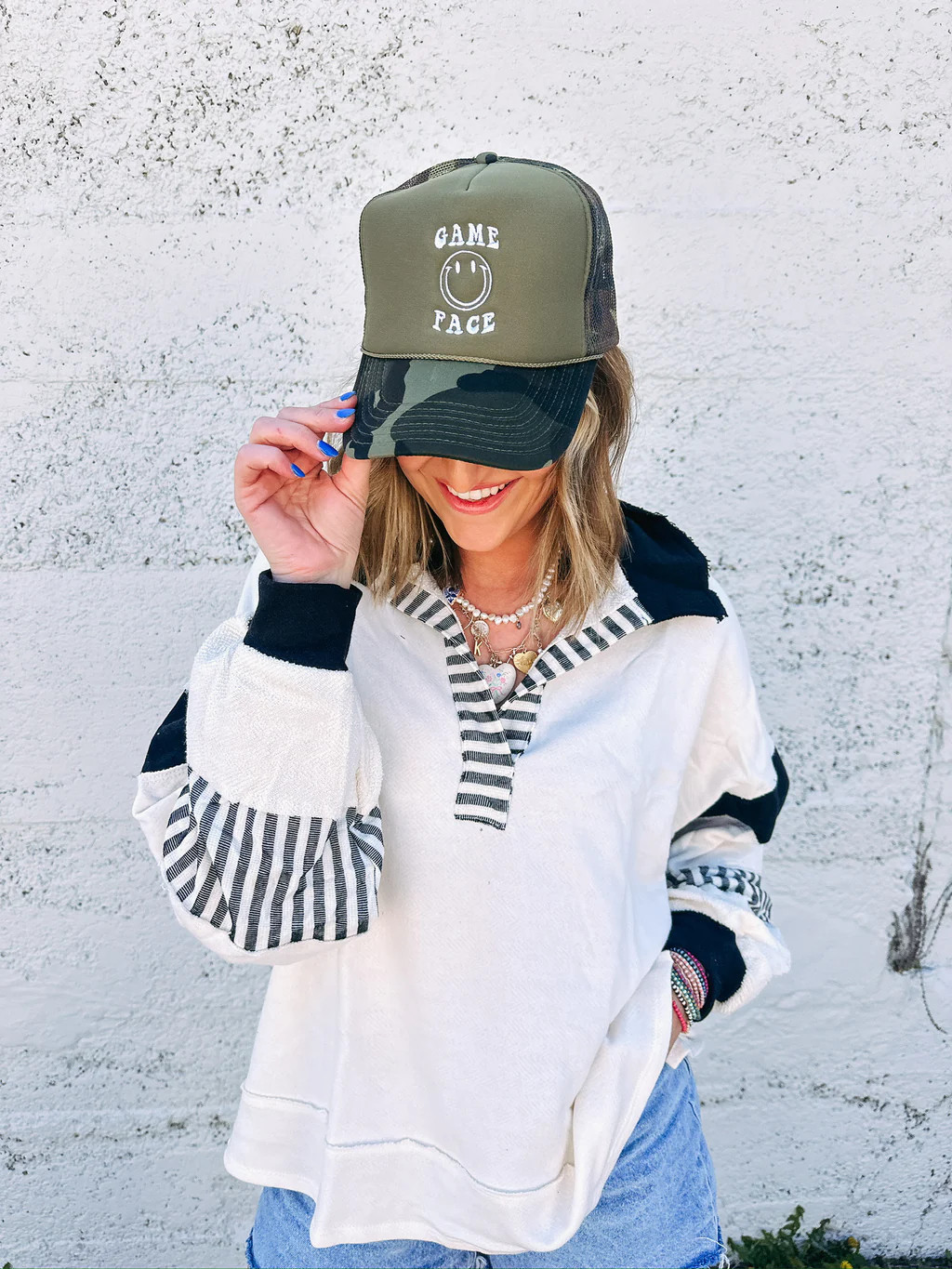 game day smiles camo trucker hat | Etta & East