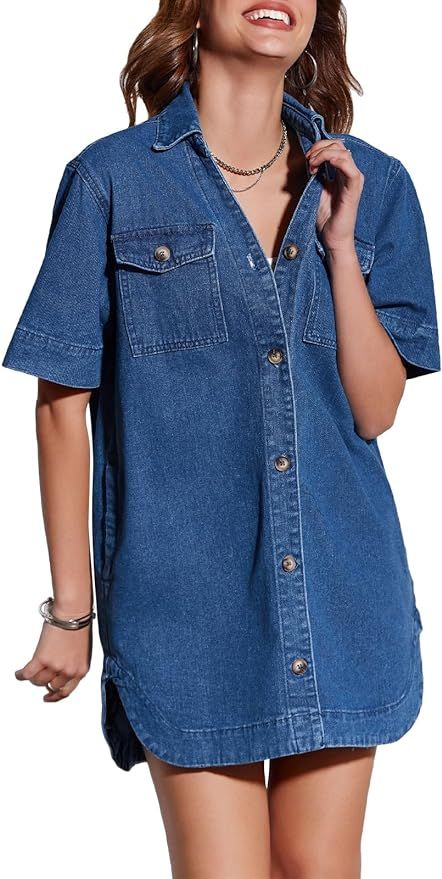 Fisoew Womens Button Down Denim Shirt Dress Loose V Neck Half Sleeve Casual Summer Jean Mini Dres... | Amazon (US)