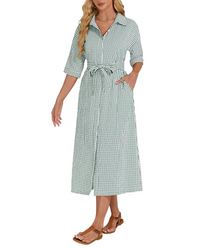 Women's Half Sleeve Plaid Maxi Dress 2026 Spring Summer Gingham Casual Button Down Long Loose Bel... | Amazon (US)