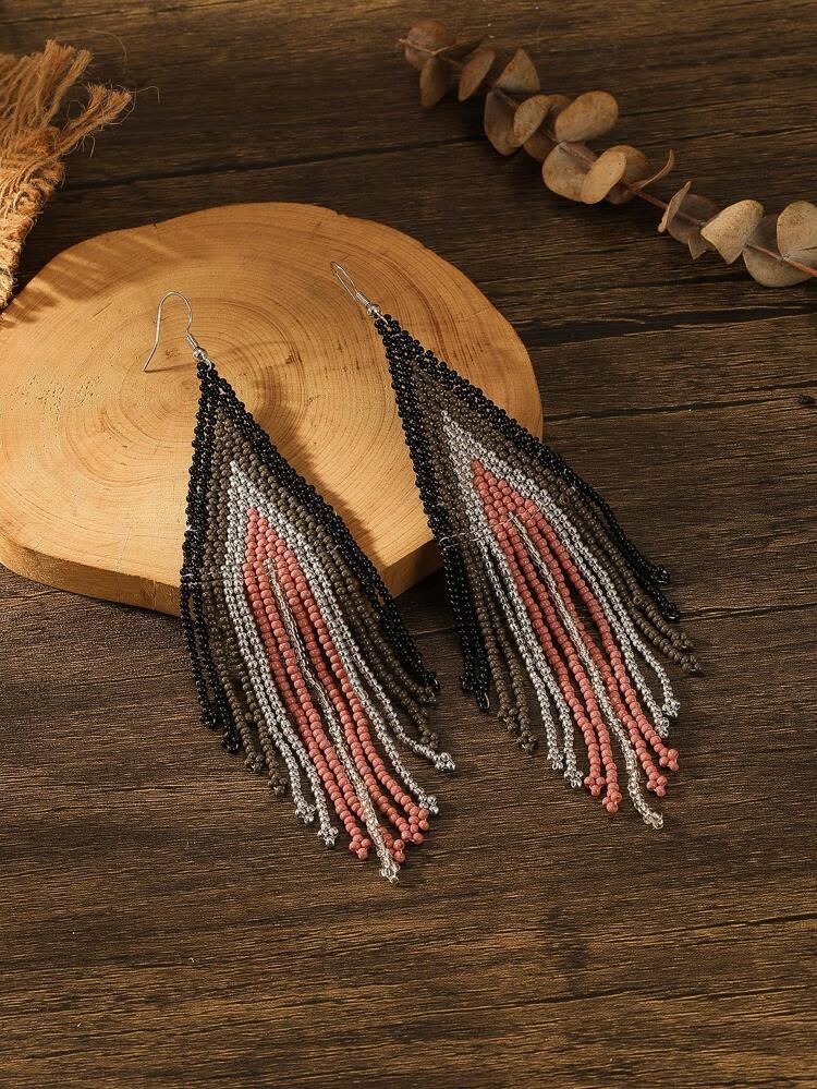1pair Boho Color Block Beaded Tassel Drop Earrings For Women For Gift | SHEIN