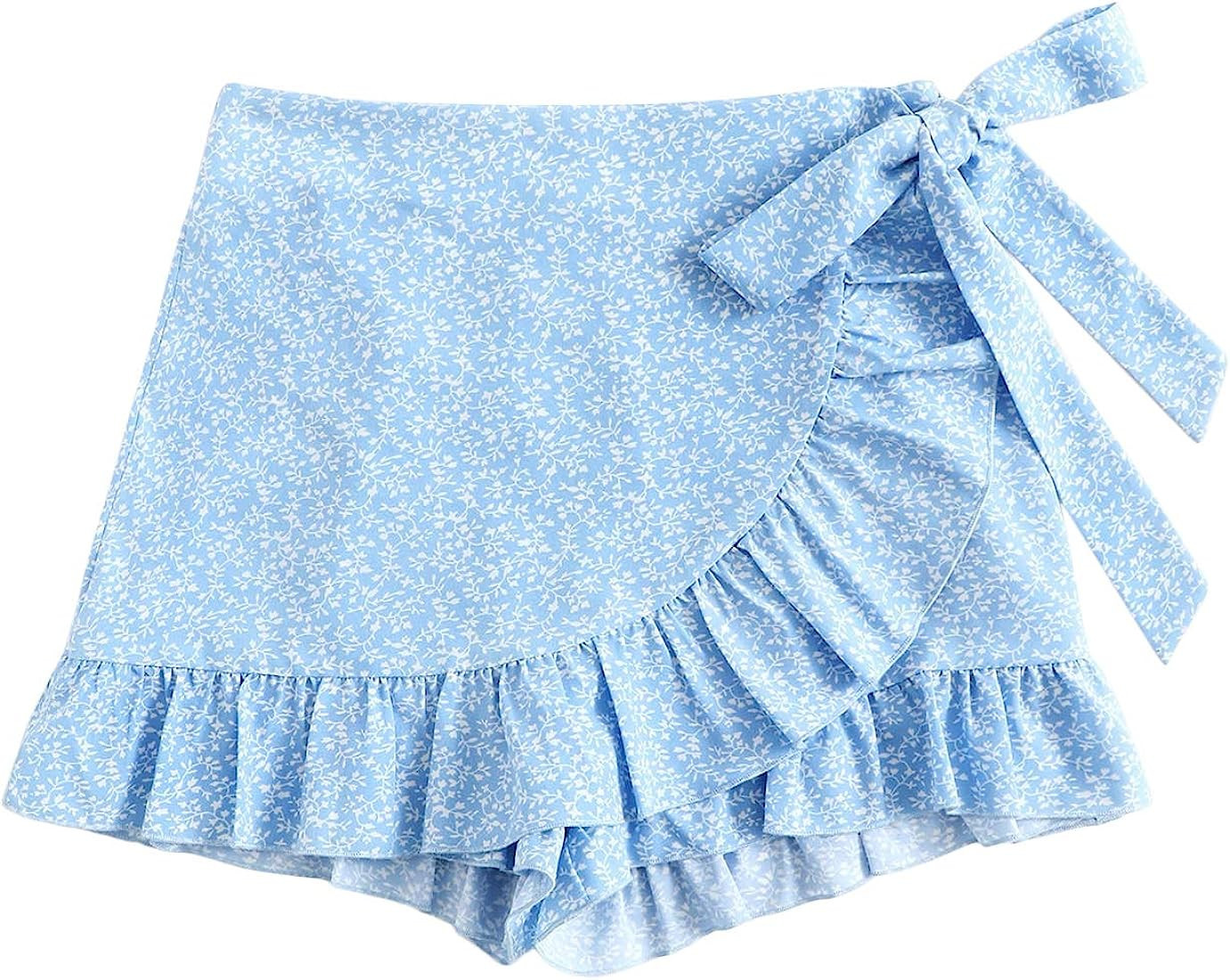 MakeMeChic Women's Boho Floral Print Elastic Waist Ruffle Wrap Tie Skorts Skirt Skorts | Amazon (US)