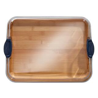 11inLx14in.Wx2.9in.H Build-A-Board Bamboo Cutting Board w/Built-in Compartments and Clear Locking Lid w/Navy Handles | The Home Depot