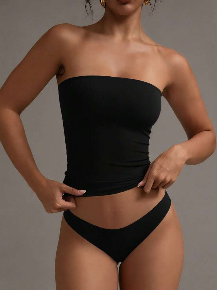 XLLAIS Sexy Strapless Basic Camisole, Fashionable Solid Color Stretchy Fitted Tube Top, Suitable For Women All Seasons Casual Black Summer | SHEIN