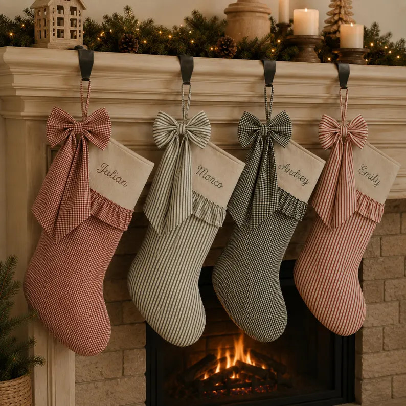 Gingham & Striped Embroidered Name Stocking, Personalized Christmas Stocking with Bow, Custom Fam... | Etsy (Global)