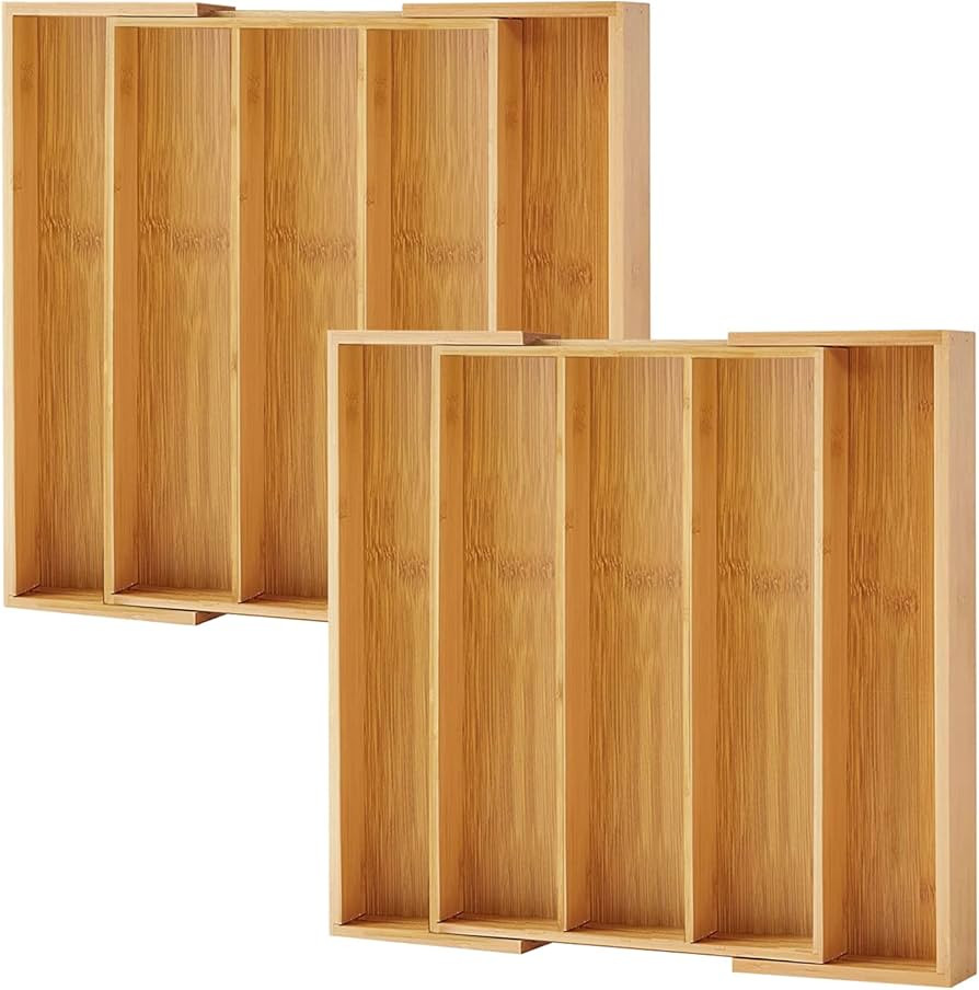 Purawood 2 PACK Large Premium Bamboo Silverware Organizer - Expandable Kitchen Drawer & Utensil O... | Amazon (US)