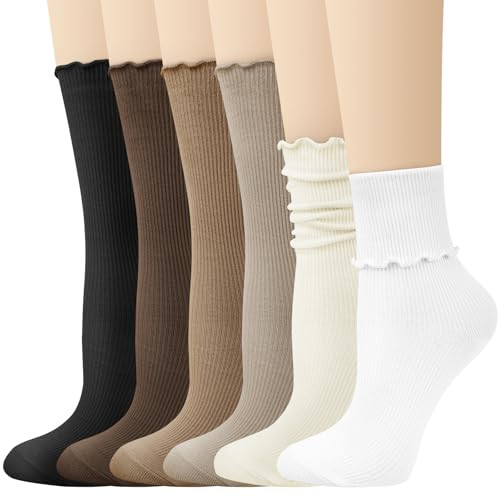 Justay 6 Pairs Ruffle Socks Soft Cute Frilly Turn-Cuff Long Casual Slouch Cotton Crew Socks for Women Gifts | Amazon (US)