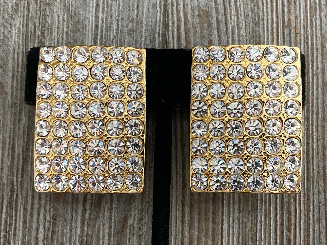 Fabulous Vintage 1990's Rectangular Gold Rhinestones Statement Clip Earrings | Etsy (US)