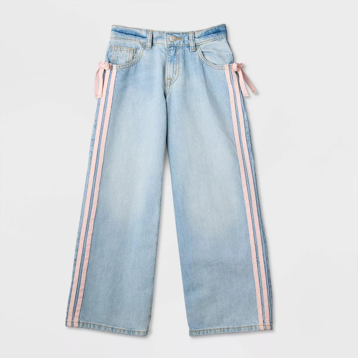 Girls' Mid-Rise Pink Striped Wide Leg Jeans - Cat & Jack\u2122 Light Wash 6 | Target