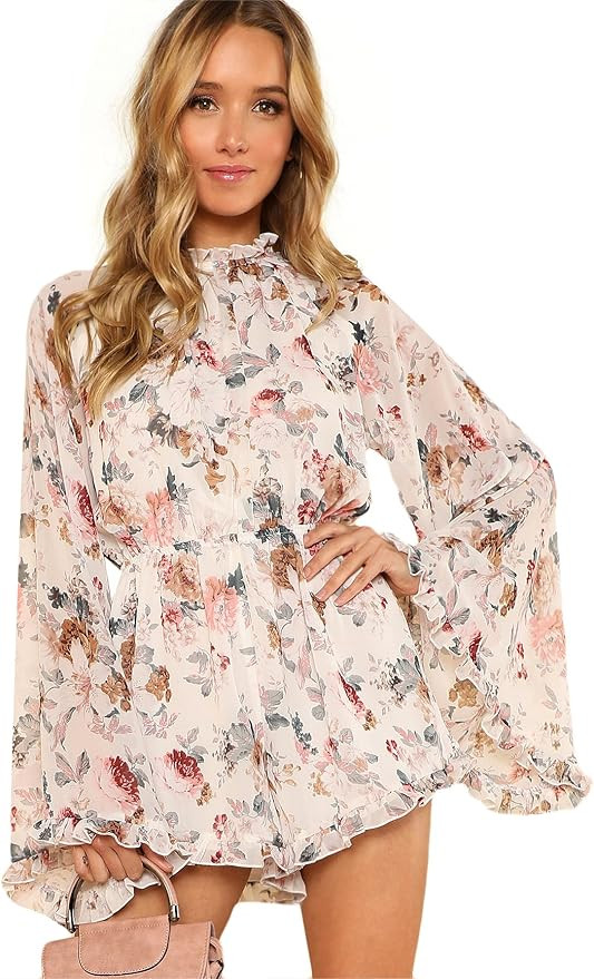 Romwe Women's Floral Printed Ruffle Bell Sleeve Loose Fit Jumpsuit Rompers | Amazon (US)