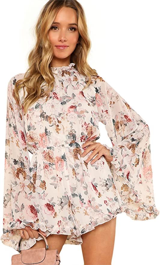 Romwe Women's Floral Printed Ruffle Bell Sleeve Loose Fit Jumpsuit Rompers | Amazon (US)