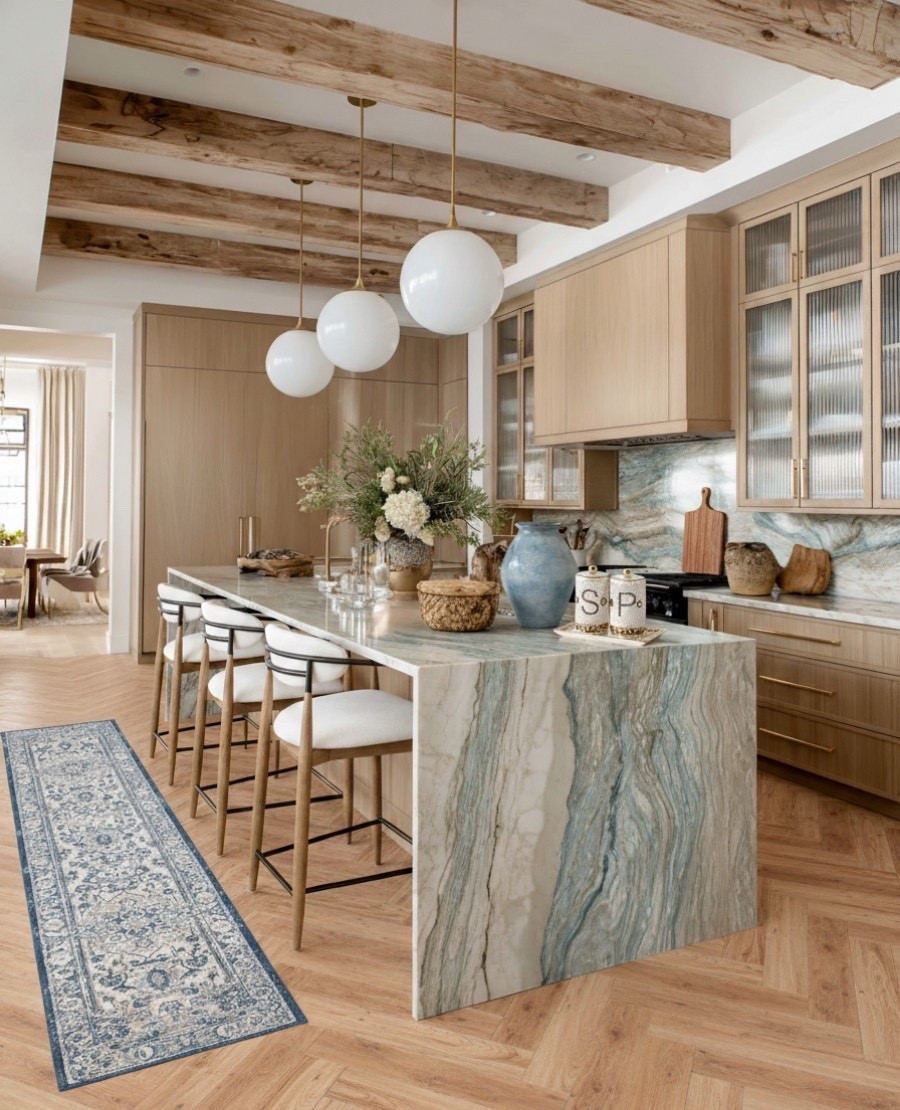 Shop the look:
• Globe pendant island lights
• Exposed wood ceiling beams decor
• Herringbone oak kitchen floors
• Blue vintage style kitchen runner rug
• Ceramic kitchen vases
• Woven storage baskets
• Textured pottery decor
• Natural luxury kitchen accents

#LTKhome #LTKsale #LTKstyletip