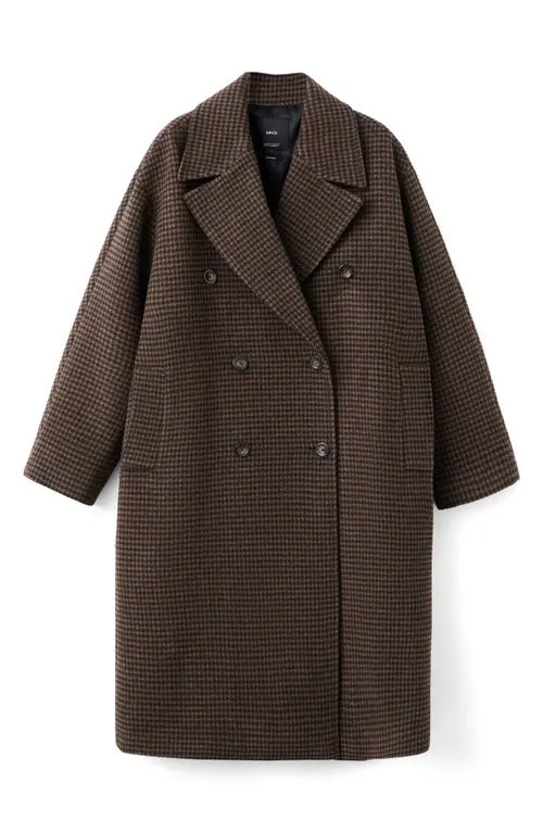 MANGO Micro Houndstooth Wool Blend Double Breasted Coat in Brown at Nordstrom, Size Medium | Nordstrom