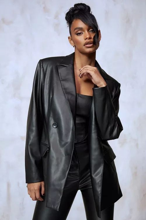 Kourtney Kardashian Barker Double Breasted Faux Leather Blazer | Boohoo.com (US & CA)