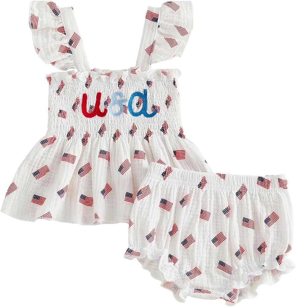 Toddler Baby Girl 4th of July Outfit American Flag Sleeveless Ruffle Dress Tops and Shorts 2Pcs S... | Amazon (US)