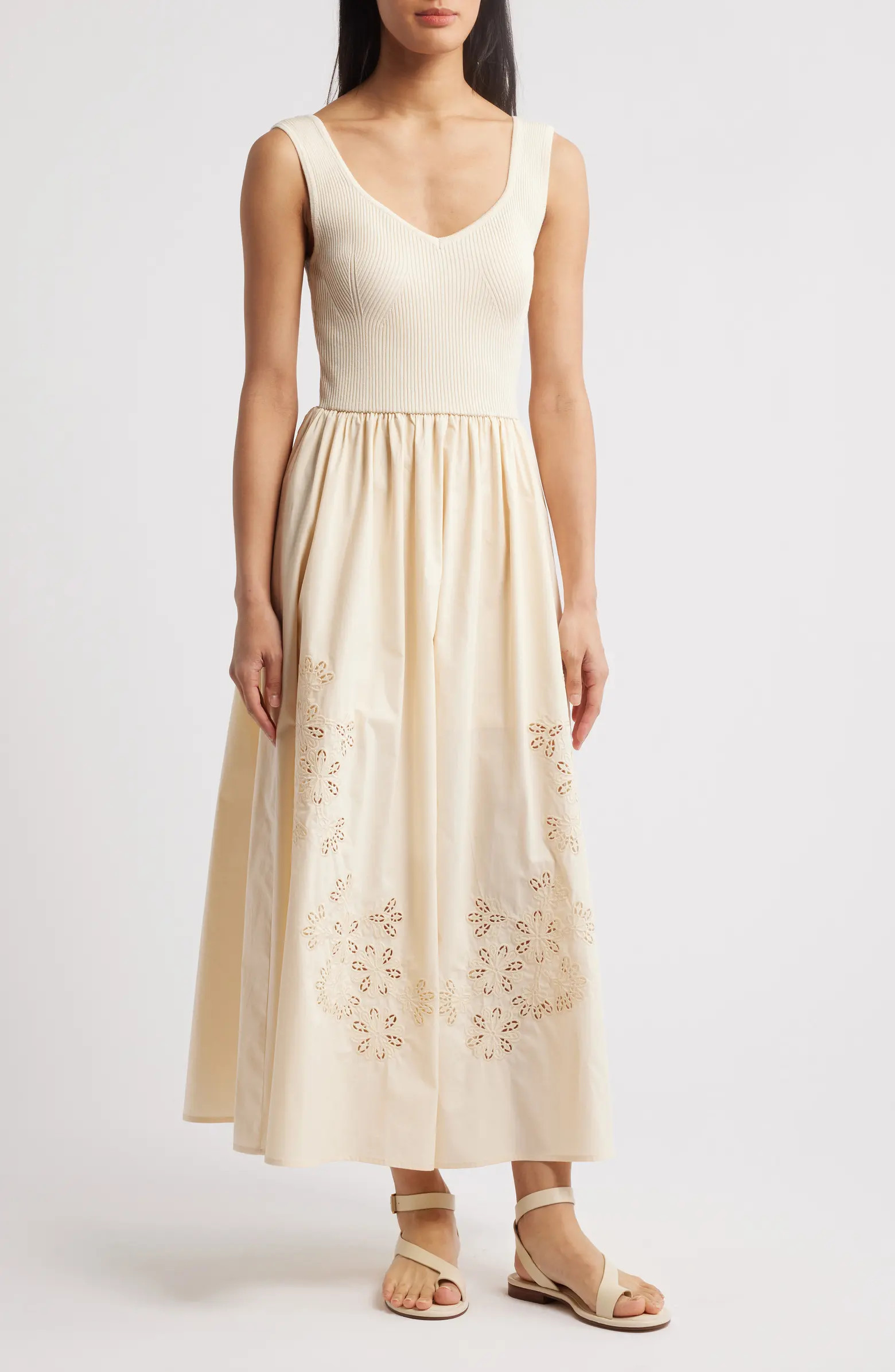 MOON RIVER Sleeveless Mixed Media Midi Dress | Nordstrom | Nordstrom