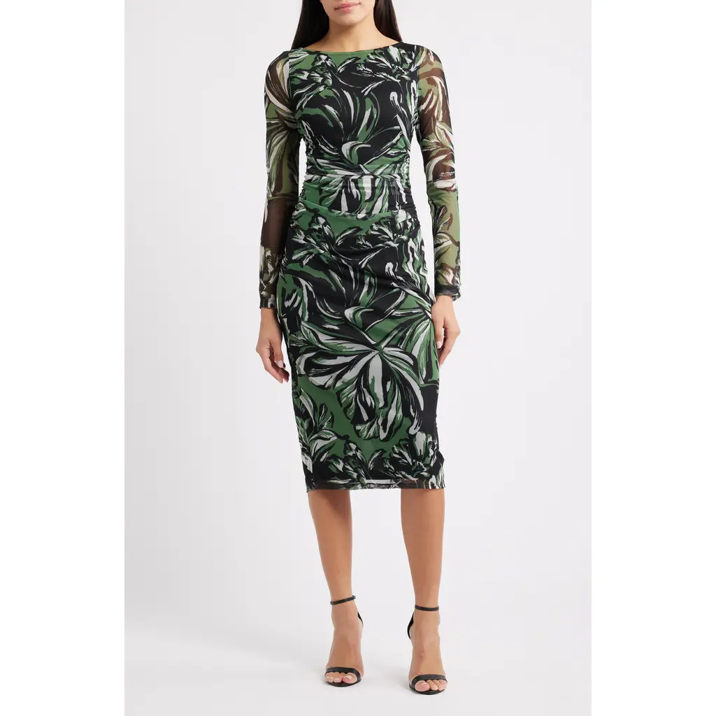 Vince Camuto Print Long Sleeve Mesh Body-Con Dress in Green Black at Nordstrom, Size 4 | Nordstrom
