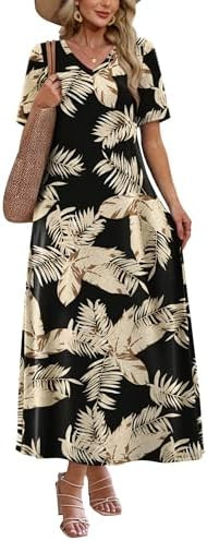 WIHOLL Women's Maxi Dresses V Neck Vacation Beach Sundresses Floral Travel Summer Dress | Amazon (US)