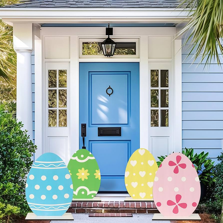 party greeting 4PCS Large Easter Yard Decorations Outdoor Easter Egg Porch Signs Wooden Standing ... | Amazon (US)