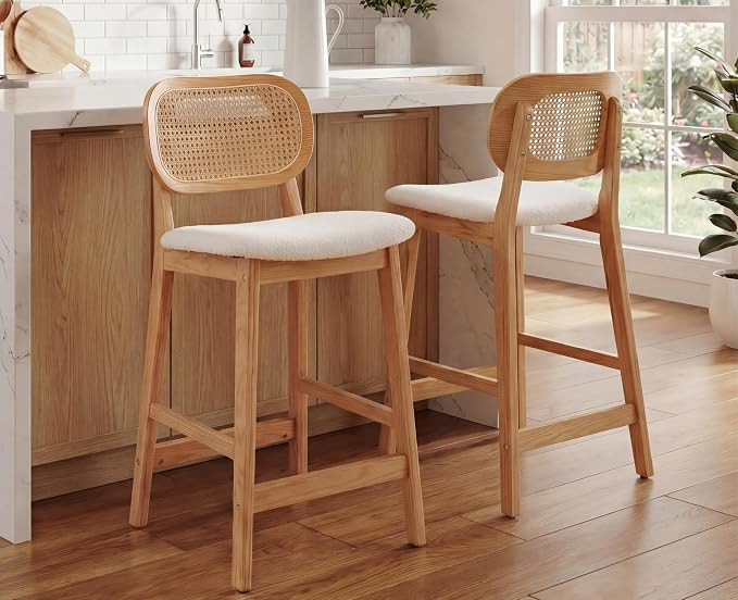 EALSON Counter Height Bar Stools Set of 2 Rattan Back Farmhouse Barstools Mid Century Modern Wood... | Amazon (US)