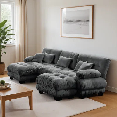 Gray Chenille Upholstered 3-Seat Modular Sectional Sofa Cloud Couch With 2 Ottomans & 5 Toss Pillows For Living Room Furniture | Wayfair North America